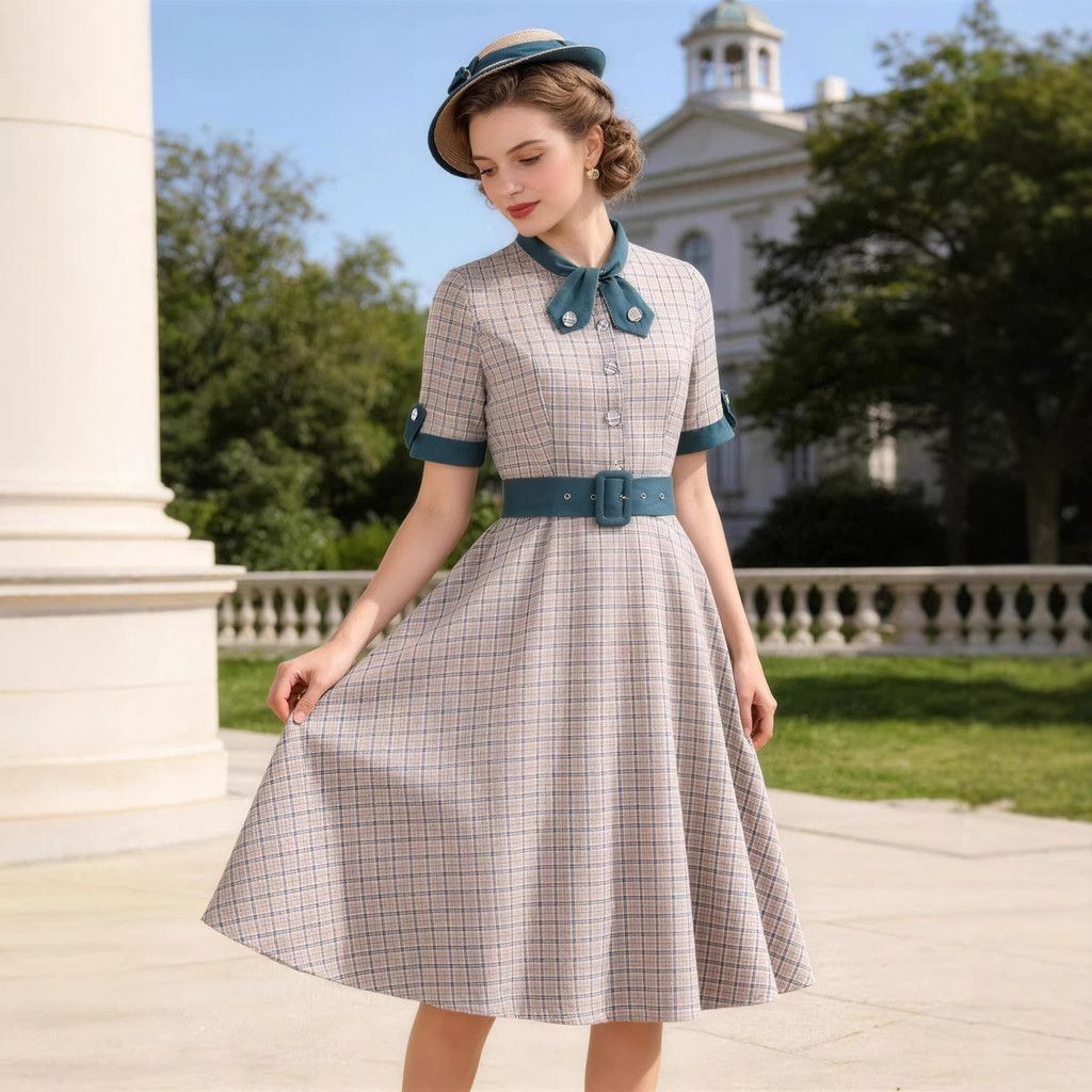 MILI Retro ชุดภาษาฝรั่งเศสคําวินเทจ Retro สไตล์ Niche สวมใส่ Contrast Collar Design Elegant Checked 