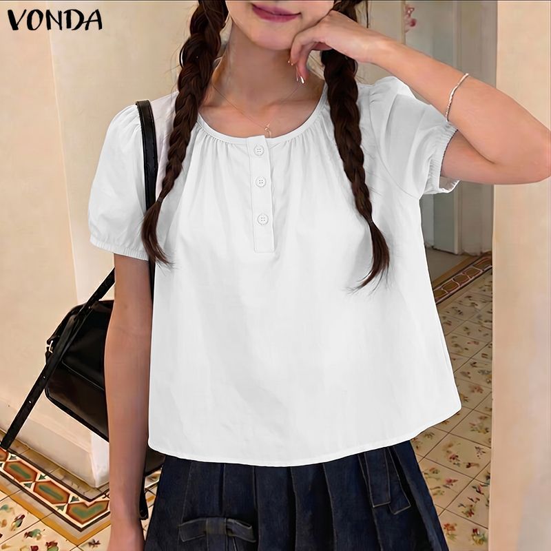 Vonda بلوزة كورية بأكمام منفوخة وحافة كشكش — صورة 6