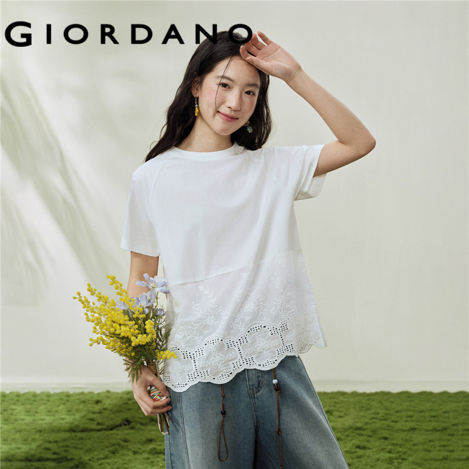 GIORDANO WOMEN Knit-woven blend cut-out embroidered hem round-neck short-sleeve T-shirt - High Quality 18326211