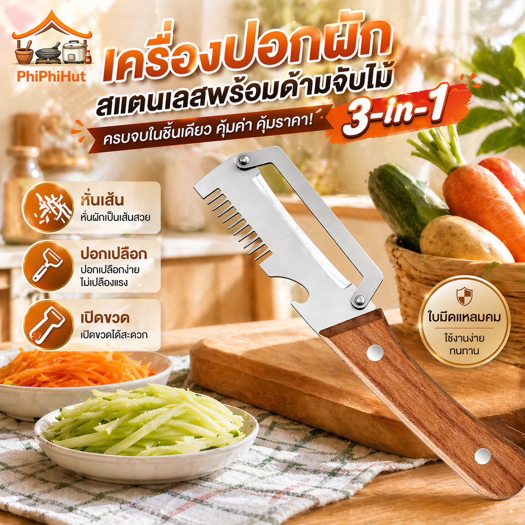 PPH เครื่องปอกมัลติฟังก์ชั่น 3-ใน-1 ใหม่ เครื่องปอกผักสแตนเลสพร้อมด้ามจับไม้ ที่เปิดขวด สําหรับมันฝรั่งแครอท