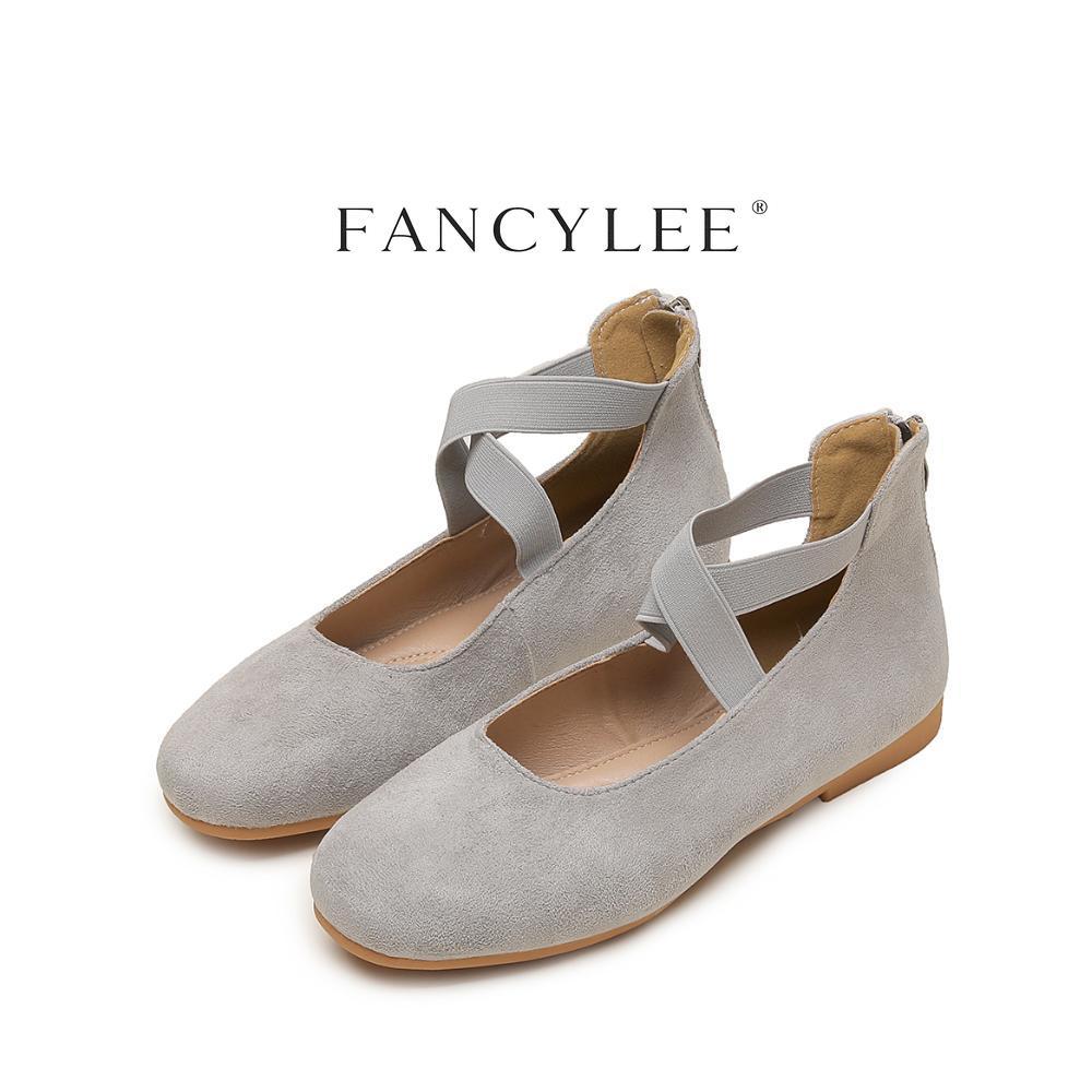 【ส่งจากไทย】Fancylee 014 Grey Suede Elastic Lace-Up Mary Janes มีซิปหลัง &amp; ส้นเหลี่ยมต่ํา - เหมาะสําหรับ Commuting
