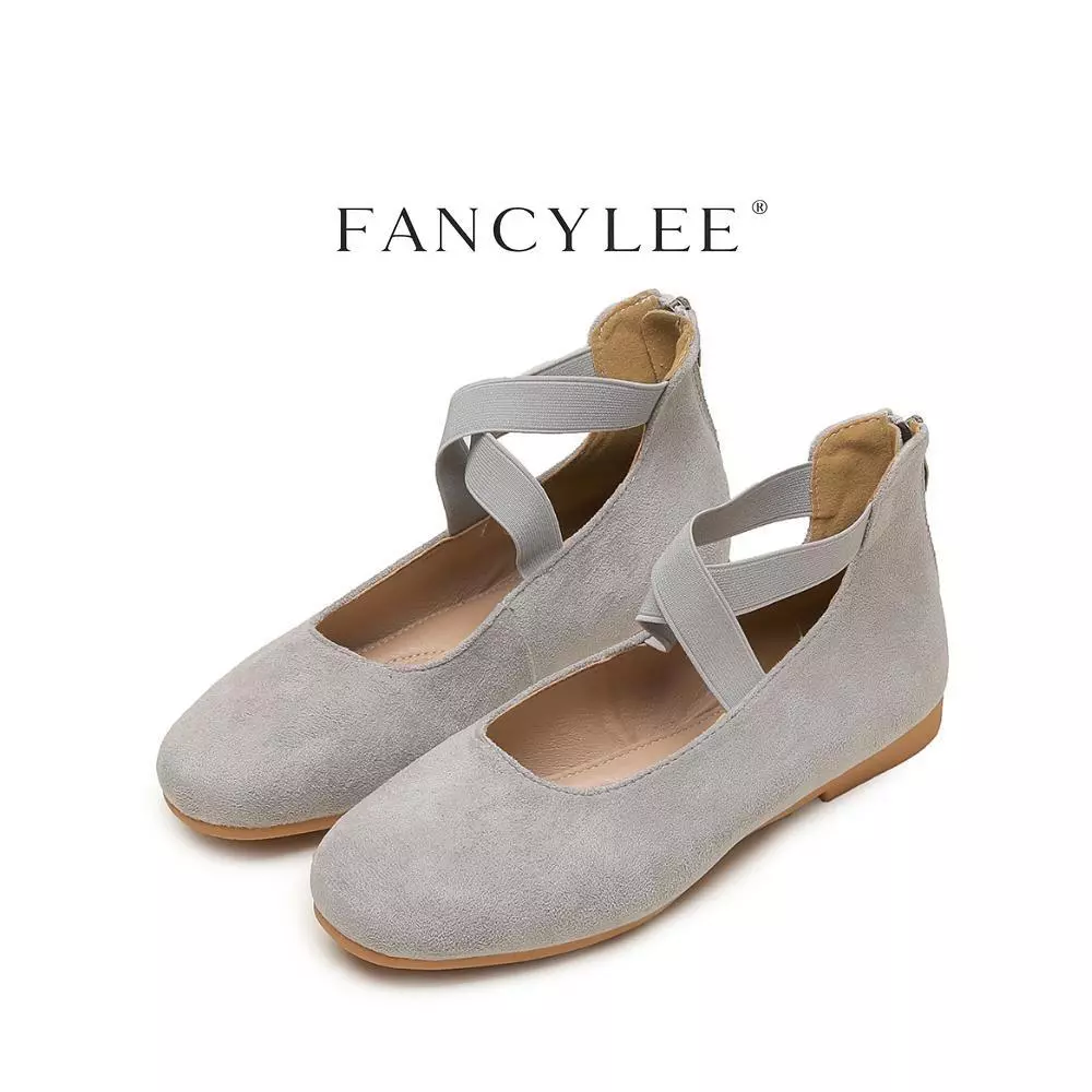 【ส่งจากไทย】Fancylee 014 Grey Suede Elastic Lace-Up Mary Janes มีซิปหลัง & ส้นเหลี่ยมต่ํา - เหมาะสําหรับ Commuting