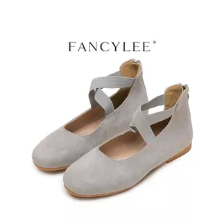 【ส่งจากไทย】Fancylee 014 Grey Suede Elastic Lace-Up Mary Janes มีซิปหลัง &amp; ส้นเหลี่ยมต่ํา - เหมาะสําหรับ Commuting