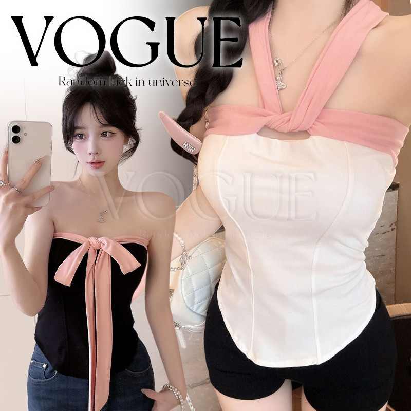 Vogue🌟พร้อมส่ง🌟 เสื้อเกาะอกเข้ารูป ดีเทลมีเชือกผูกโบว์คล้องคอ มี3สีสไตล์เกาหลี (FY6191)