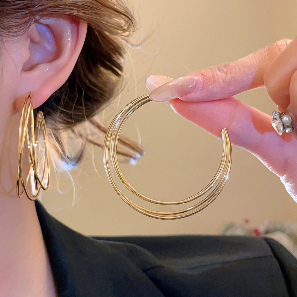 Jewbeauty ต่างหูห่วงหลายชั้นสีทอง/สีเงินโทนผู้หญิงเครื่องป