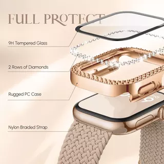 Bling Diamond Glass Screen case + สายไนลอนสําหรับ Apple watch 46/42/45/41 มม.44 มม.40 มม.Series 11 10 9 8 7 6 5 4 SE
