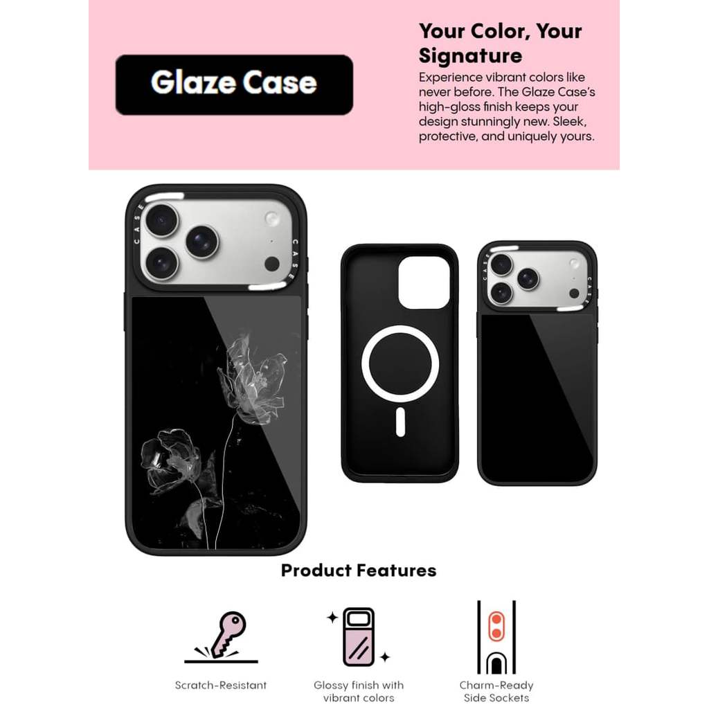 CASECASE X สีดําพื้นหลังดอกไม้กรณีรอยขีดข่วนแม่เหล็กดูดเคลือบสําหรับ IPhone 17 Air 16 15 14 Pro Max 