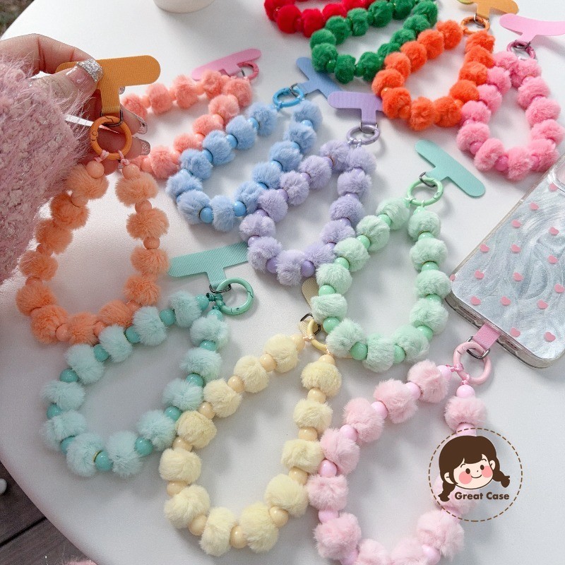 สไตล์เกาหลีน่ารัก Macaron สี Hairball ลูกปัดโซ่แบบพกพาสั้นมือถือ Lanyard พร้อม T-Card Anti-los โทรศัพท์ Key แหวนผู้ถือสายคล้อง
