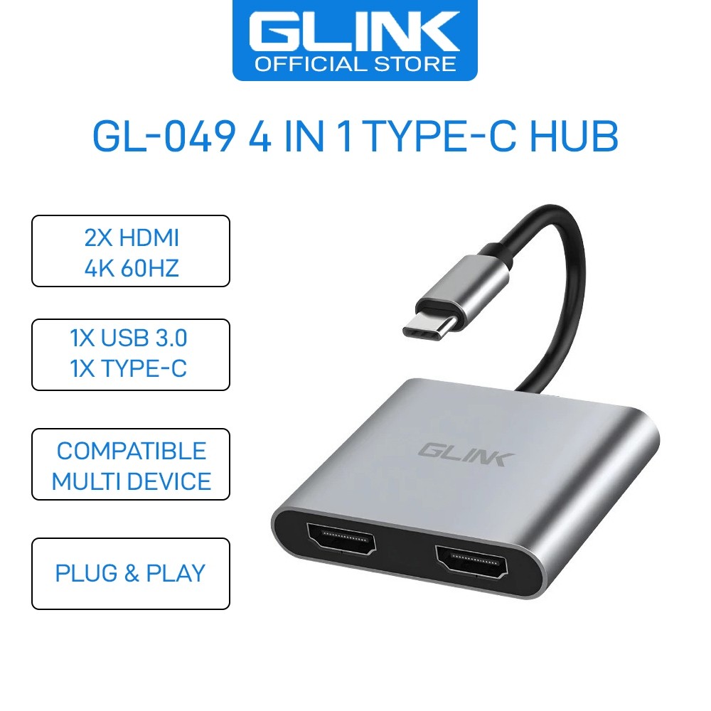 Glink GL-049 ฮับ Type-C 4 in 1 พร้อม 2x HDMI, USB 3.0, อินพุต PD 87W Type-C, อุปกรณ์อเนกประสงค์ที่รอ
