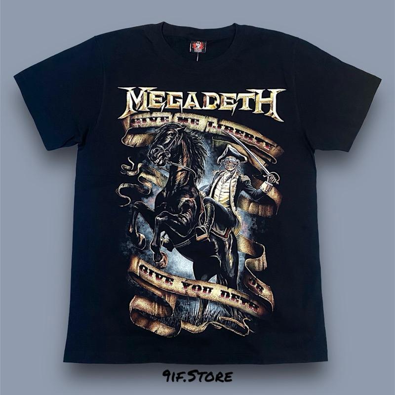 เสื้อยืด MEGADETH ขี่ม้า(ป้ายRock Yeah) ผ้าคอตตอน100 สกรีนจมหน้า-หลัง ลายขี่ม้า