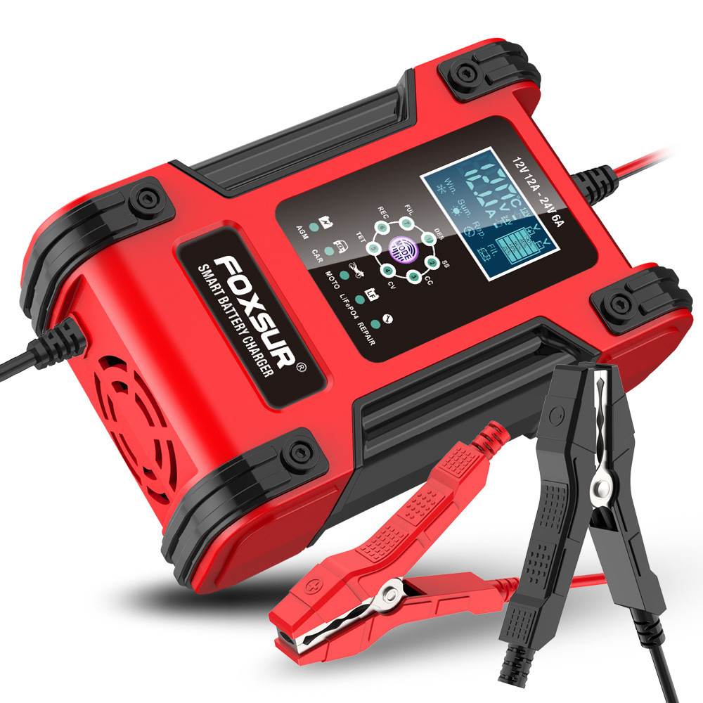 Foxsur รถจักรยานยนต์รถบรรทุกแบตเตอรี่ Charger 12V 24V 12A อัตโนมัติ AGM LFP ลิเธียมซ่อม Pulse Charge