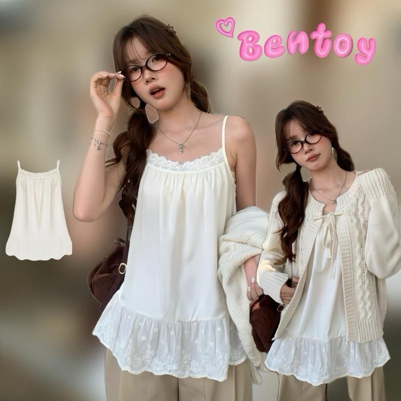Bentoy พร้อมส่งในไทย 3415 เสื้อสายเดี่ยว แต่งขอบลูกไม้ ปลาบระบาย สีขาวน่ารัก เข้าได้ทุกลุค