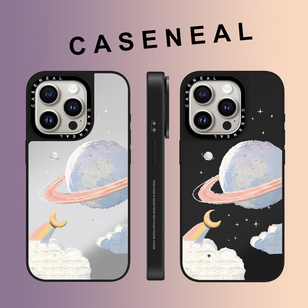 CASENEAL Graffiti Cloud Planet กระจกFaceโปร่งใสเคสโทรศัพท์สําหรับiPhone 17 Pro Max 16 ProMax 15Pro 14 Plus 13 12 11 โทรศัพท์กันกระแทกขอบนุ่มฮาร์ดป้องกันกรณี
