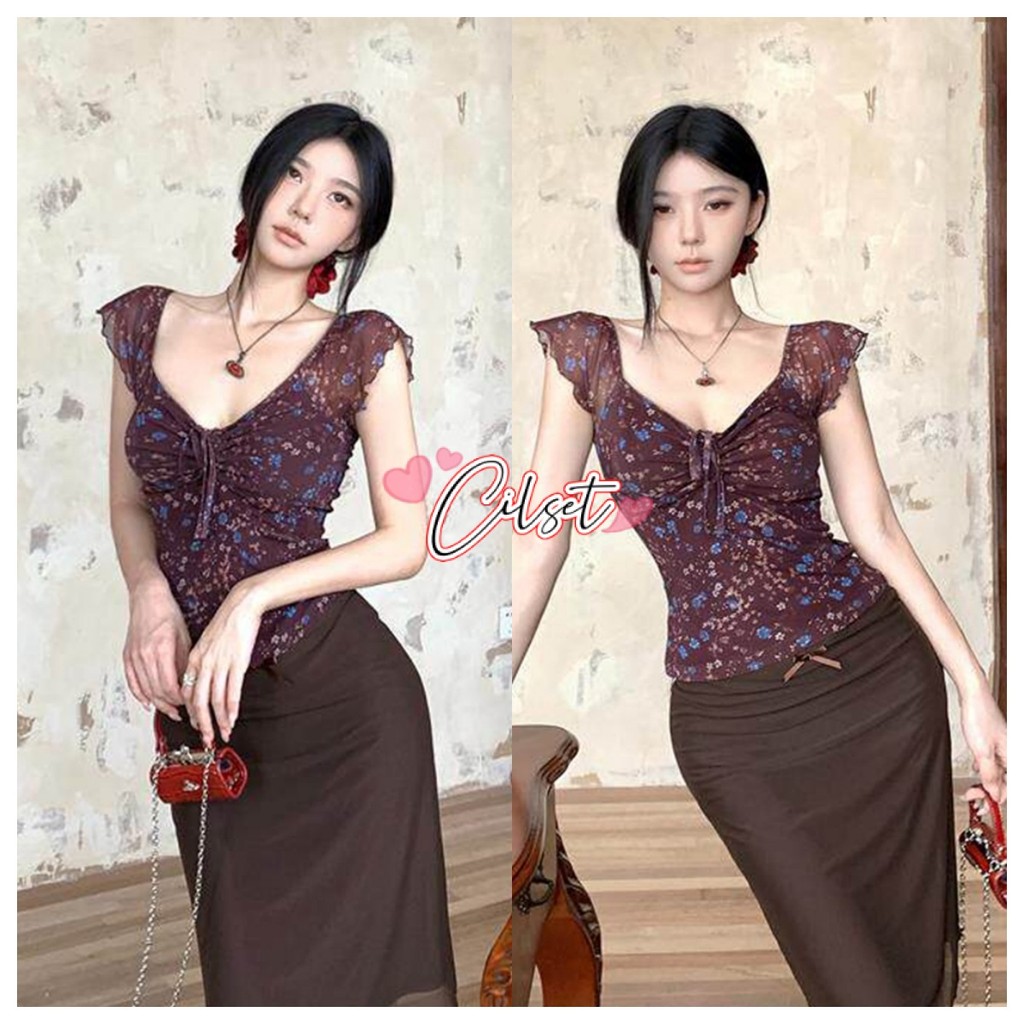 Cilset พร้อมส่ง เสื้อแขนสั้นซีทรู ลายดอกไม้ SlimFit ใส่ได้หลายแบบ เสื้อผ้าผู้หญิงฮิต FY1187