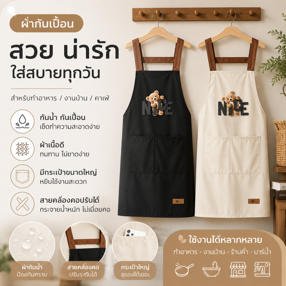 Hithome [พร้อมส่ง] ผ้ากันเปื้อนกันน้ำ ลายหมี น่ารักสไตล์มินิมอล มีกระเป๋าหน้า ชุดกันเปื้อนทำอาหาร คาเฟ่