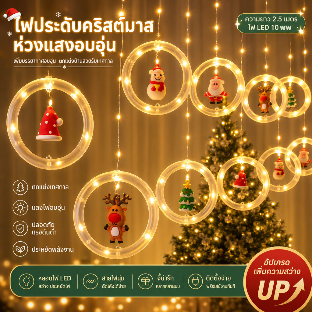 ไฟ เทศกาล ของตกแต่งบ้านด้วยไฟ LED ที่ให้แสงสว่างสวยงาม ไฟ LED ประดับตกแต่ง 10 วง พร้อมตุ๊กตาแขวน