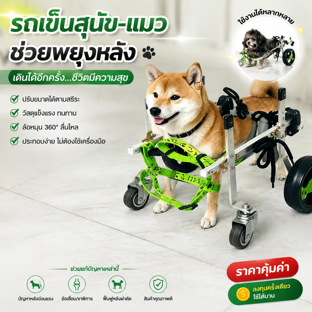 รวีลแชร์สุนัข รถเข็นสัตว์เลี้ยง แข็งแรง สุนัข/แมวที่ขาหลังอ่อนแอ พิการ หรืออัมพาต ปกรณ์ช่วยฟื้นฟู