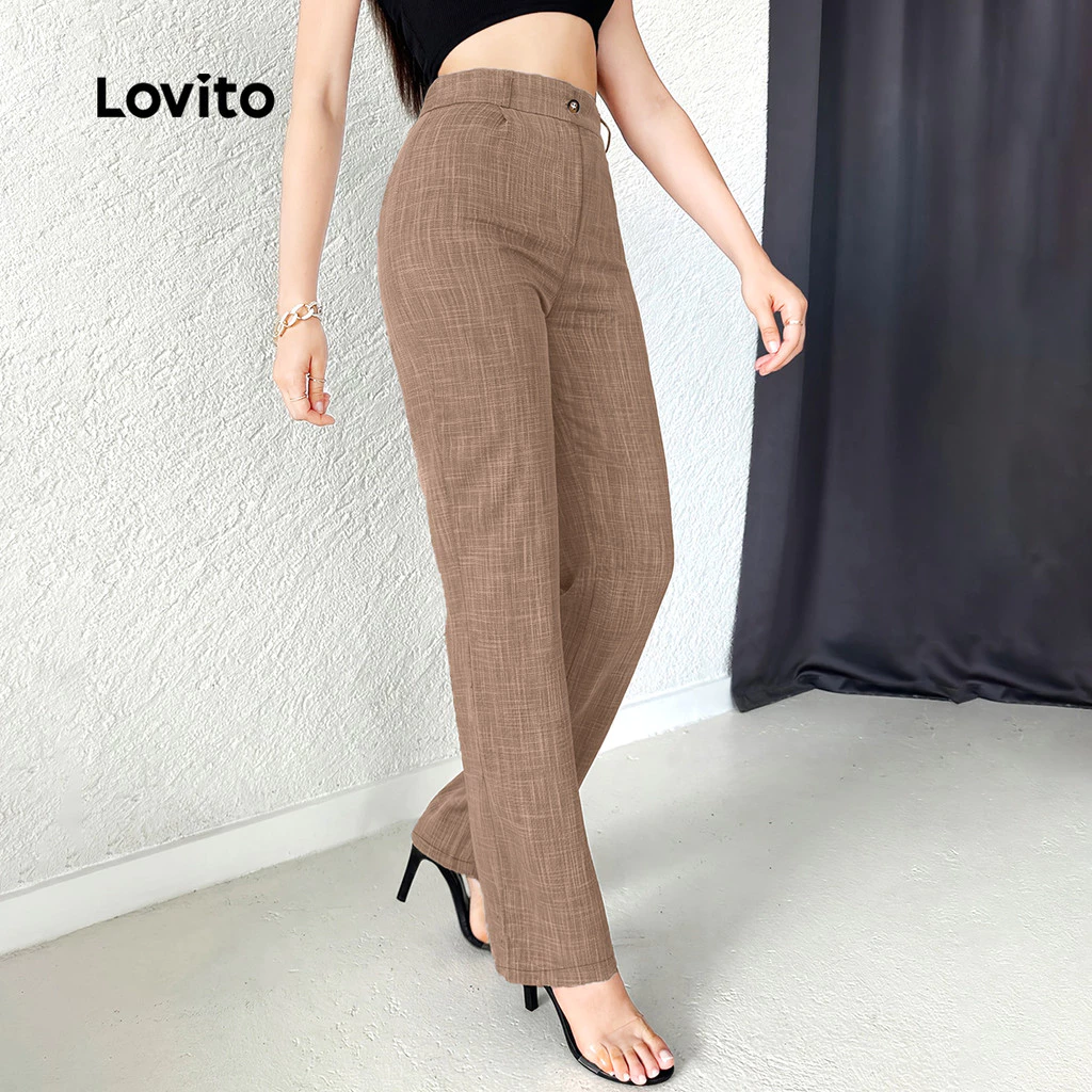 Lovito กางเกงเรียบร้อยติดกระดุม สีคากี L158ED033 thumbnail 5