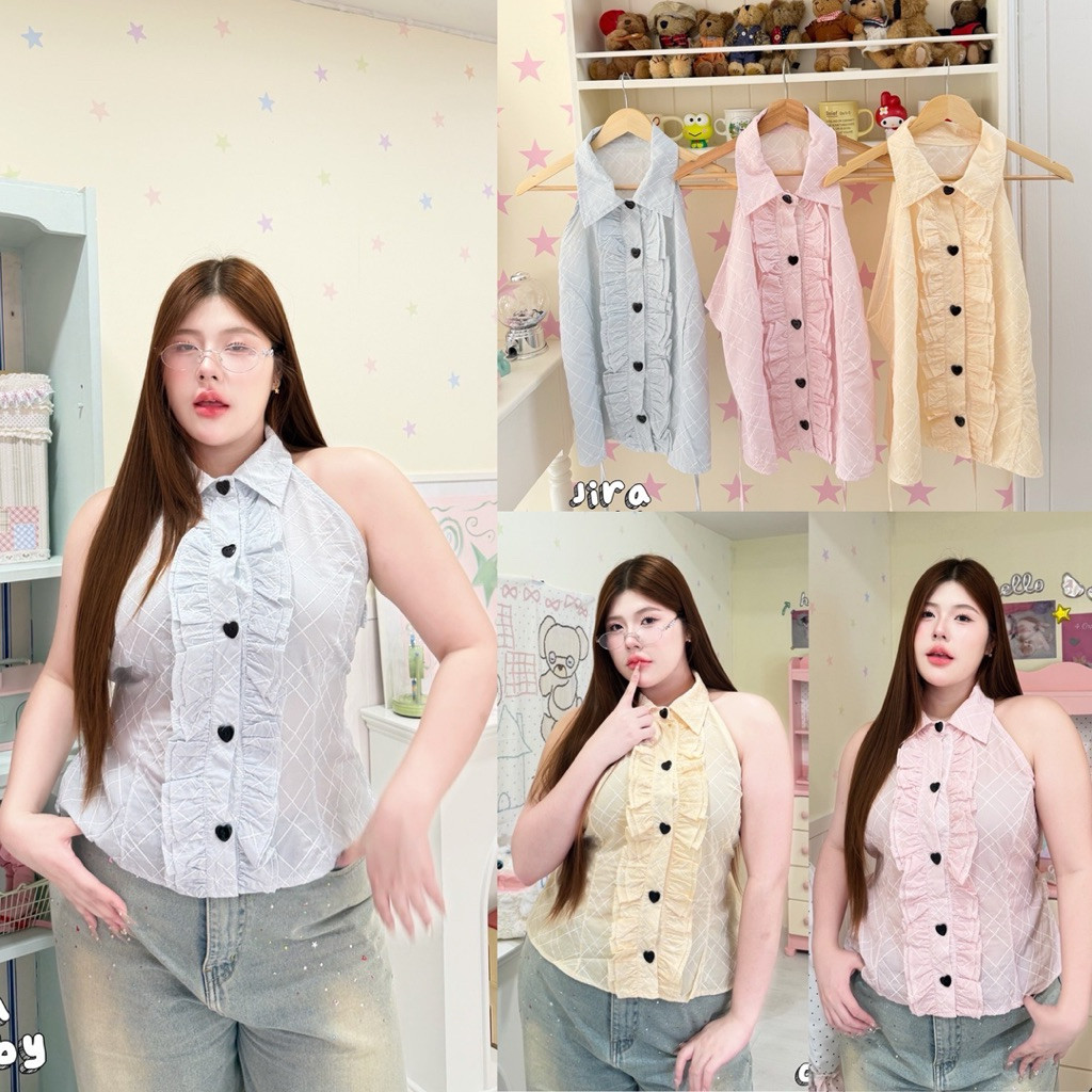 JIRAเสื้อคอปกแขนกุด อก40-50 แต่งระบายหน้า กระดุมหัวใจ มีเชือกผูกด้านหลัง ผ้าโทนสีพาสเทล #สาวอวบ