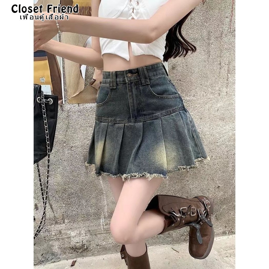 Fast shipping! Hot Girl American Retro Raw Edge Denim Pleated Skirt Women's 2026 Summer High Waist A