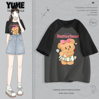 YUME🌸เสื้อสีดํา oversizeการบล็อกสีแบบแร็กแลน ผ้าCotton100% แขนสั้น ใส่สบาย ไม่ต้องรีด ลาย "BUTTERBEAR"【COD】