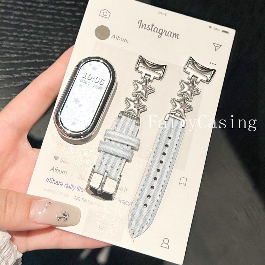 Diamond Star สายหนังสําหรับ Xiaomi Mi Band 10 9 8 7 6 5 4 3 สายหนังแบบบางสําหรับ Miband 10pro สร้อยข้อมือผ้าใบลาย