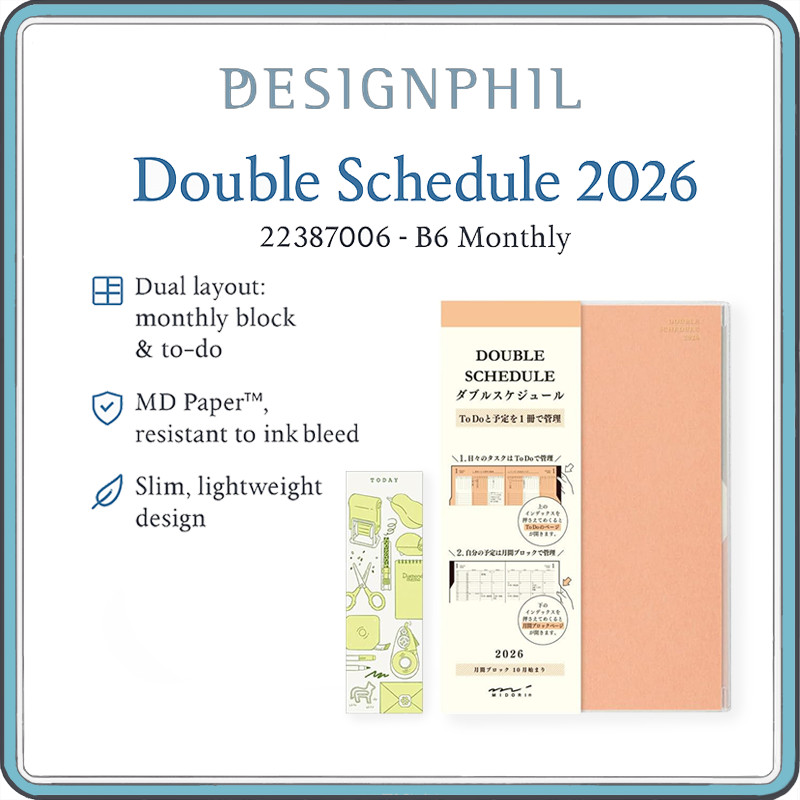 Midori Double Schedule 2026 B6 Planner – Dual Monthly Calendar & Weekly To Do, 15 Month (Oct 2025 St