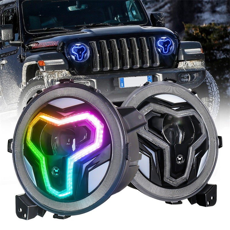 ยี่ห้อใหม่ OVOVS 9 "รอบไฟหน้า JL Blue-ฟัน 9 นิ้ว Bright RGB ไฟหน้าสําหรับ Jeep Wrangler JL