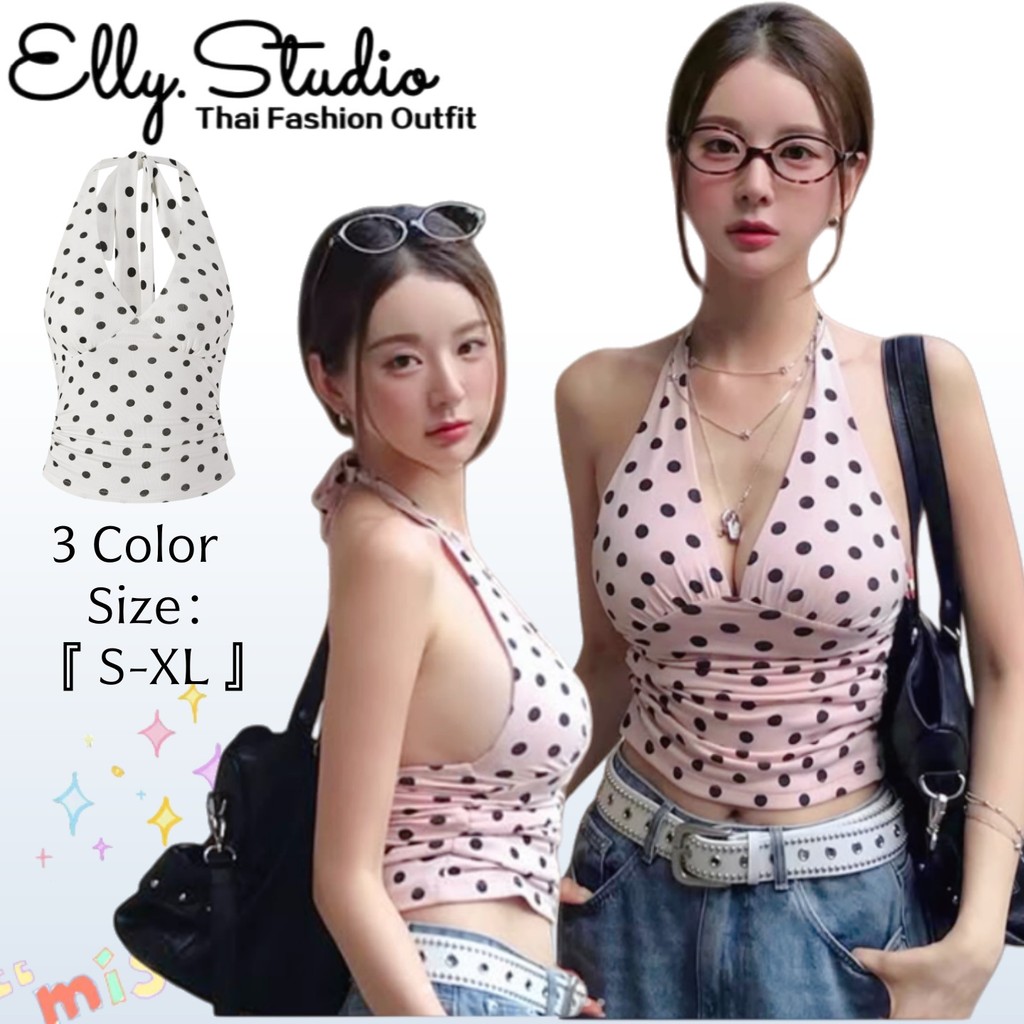 Elly พร้อมส่ง🎀ลายโพกาดอท เสื้อคล้องคอ เสื้อครอป และเปิดหลัง คอวีลึก เซ็กซี่แฟชั่นผู้หญิง ผูกคอ ดูแพง  ทรงเข้ารูป จับจีบ
