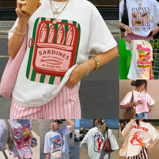 COD] Kaos Kebesaran Gaya Korea Fashion Jus Jeruk Ikan Kecil Kaos Ikan Kebesaran Layar Garis Cantik Siap Di kirim Cetak Leher Bulat