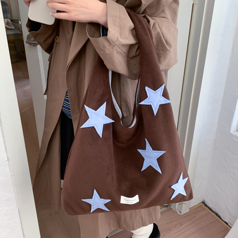 เวอร์ชั่นเกาหลี Star Woolen Tote Bag หญิงสไตล์ใหม่ความจุขนาดใหญ่ All-Match กระเป๋าสะพาย Lazy Commuter Tote Bag