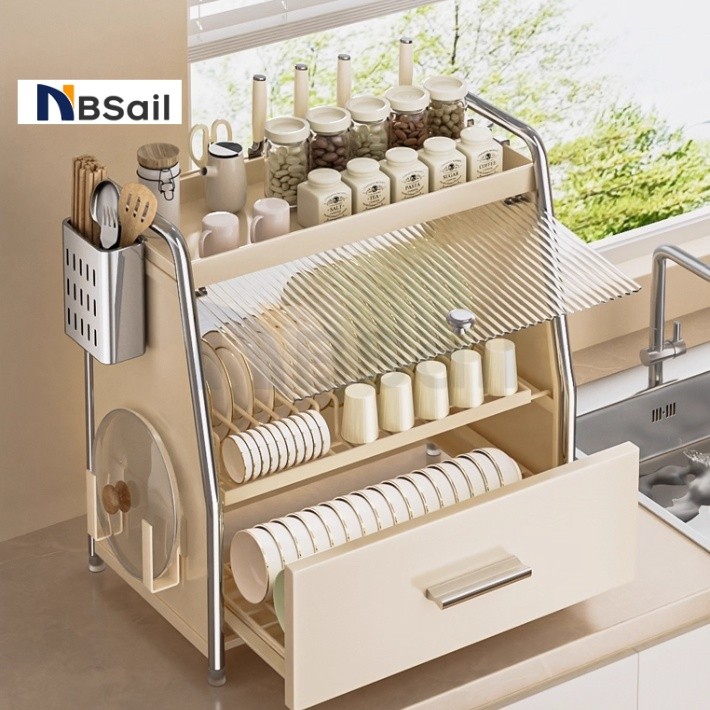 NBSail ชั้นวางจานพร้อมที่ใส่มีดและลิ้นชัก 3 ชั้น Kitchen Organizer ชั้นเก็บของมัลติฟังก์ชั่น