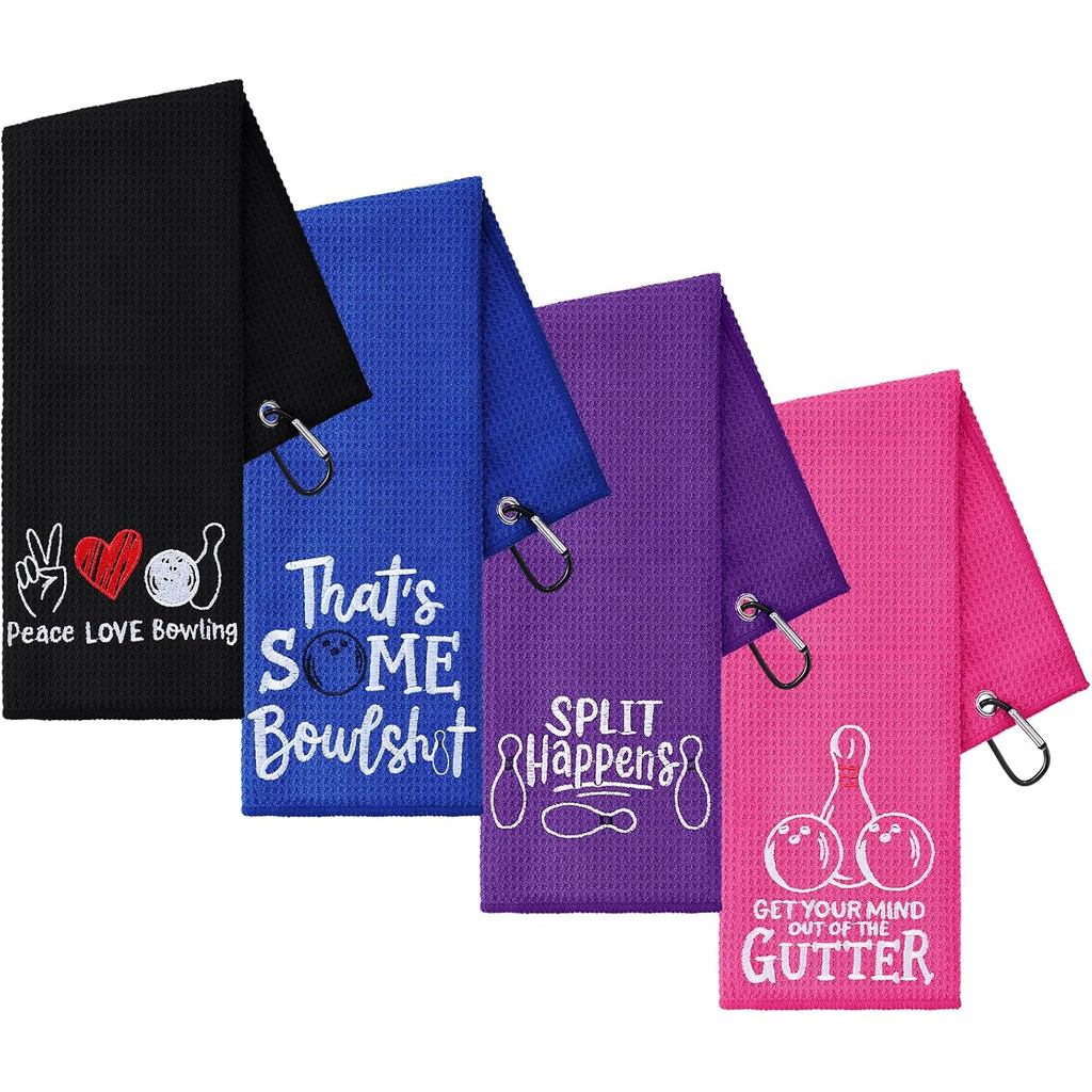 VitalCozy 4 ชิ้นตลก Bowling ผ้าขนหนูปัก Bowling Ball ผ้าเช็ดตัว 4 Grommets ดูดซับกีฬา Ball Rag ผ้าเช
