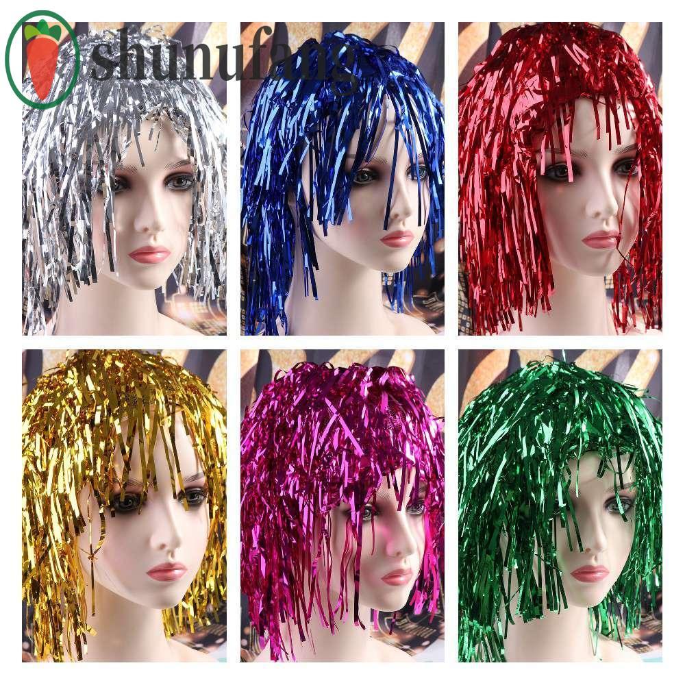 วิกผม Tinsel Foil สั้นสำหรับคอสเพลย์และงานปาร์ตี้ Halloween แบบแฟนซีและมันม่วง