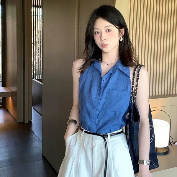 MKL เสื้อกั๊กแขนกุด คอปกทรงหลวม สีฟ้าเข้ม ผ้าใส่สบาย สไตล์สาวออฟฟิต พร้อมส่งในไทย#CS5202