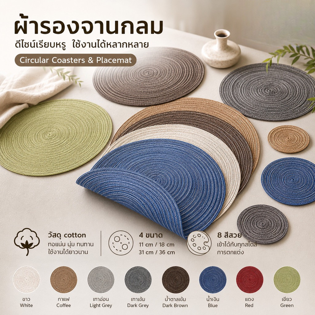 แผ่นรองจาน กลม - ที่รองจาน ทรงกลม coaster รองแก้ว ตกแต่งโต๊ะอาหาร คาเฟ่ ของใช้โรงแรม
