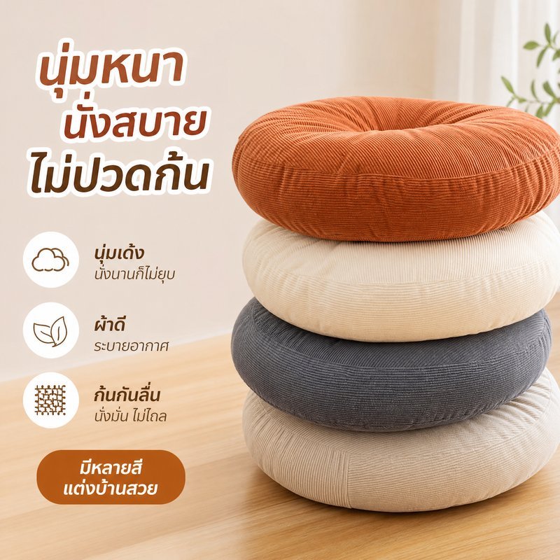 เบาะรองนั่งกลม เบาะนั่งพื้น ผ้าลูกฟูก นุ่มหนา ใยพีพีคอตตอน รองนั่งเก้าอี้ โซฟา ทาทามิ วินเทจ