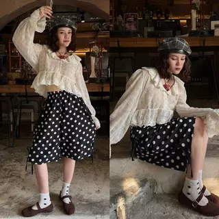 YODOกางเกงบอลลูน polkadot ผู้หญิง 💯 เอวยืด 24-38 นิ้ว ผ้าไหมญี่ปุ่น มีซับใน ไม่โปร่งแสง แต่งเชือกสวย#2064