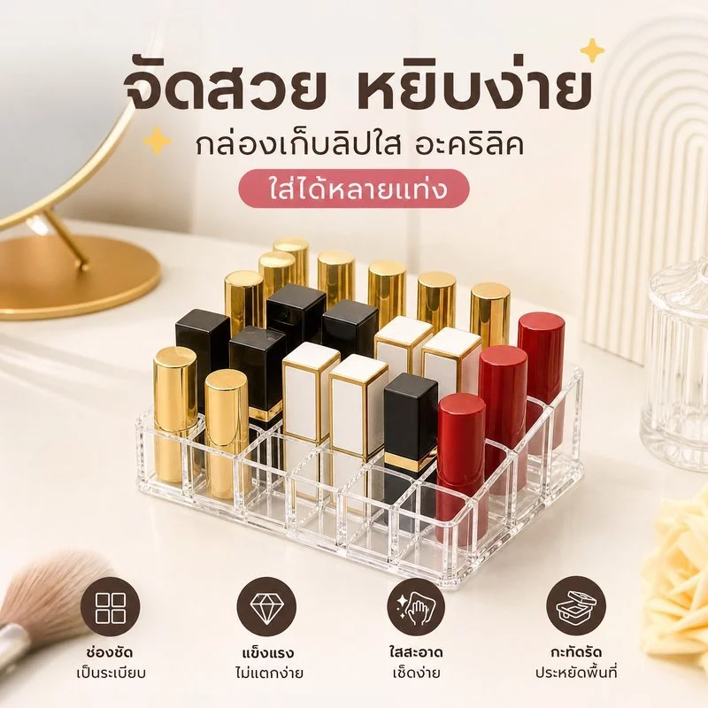 กล่องเก็บลิปสติก อะคริลิคใส ที่เก็บเครื่องสำอาง ชั้นวางลิป โต๊ะเครื่องแป้ง จัดระเบียบ หลายช่อง