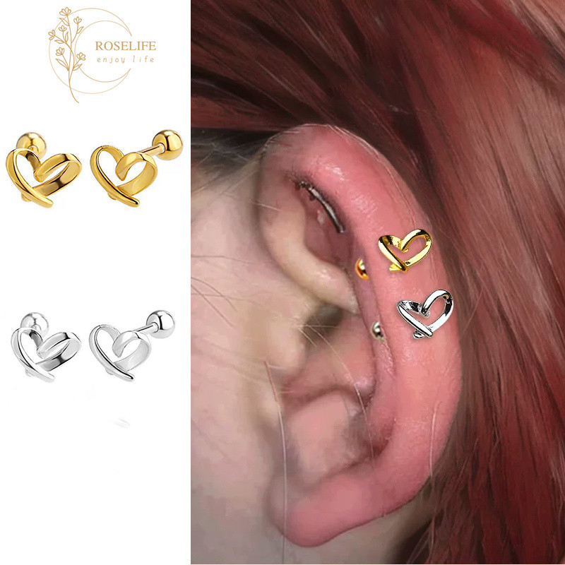 Roselife 1 คู่ 14K Gold Hollow Heart Pierced สกรูต่างหูผู้หญิงทุกวันสวมใส่ Pick ฟรีหู Studs เครื่องประดับ