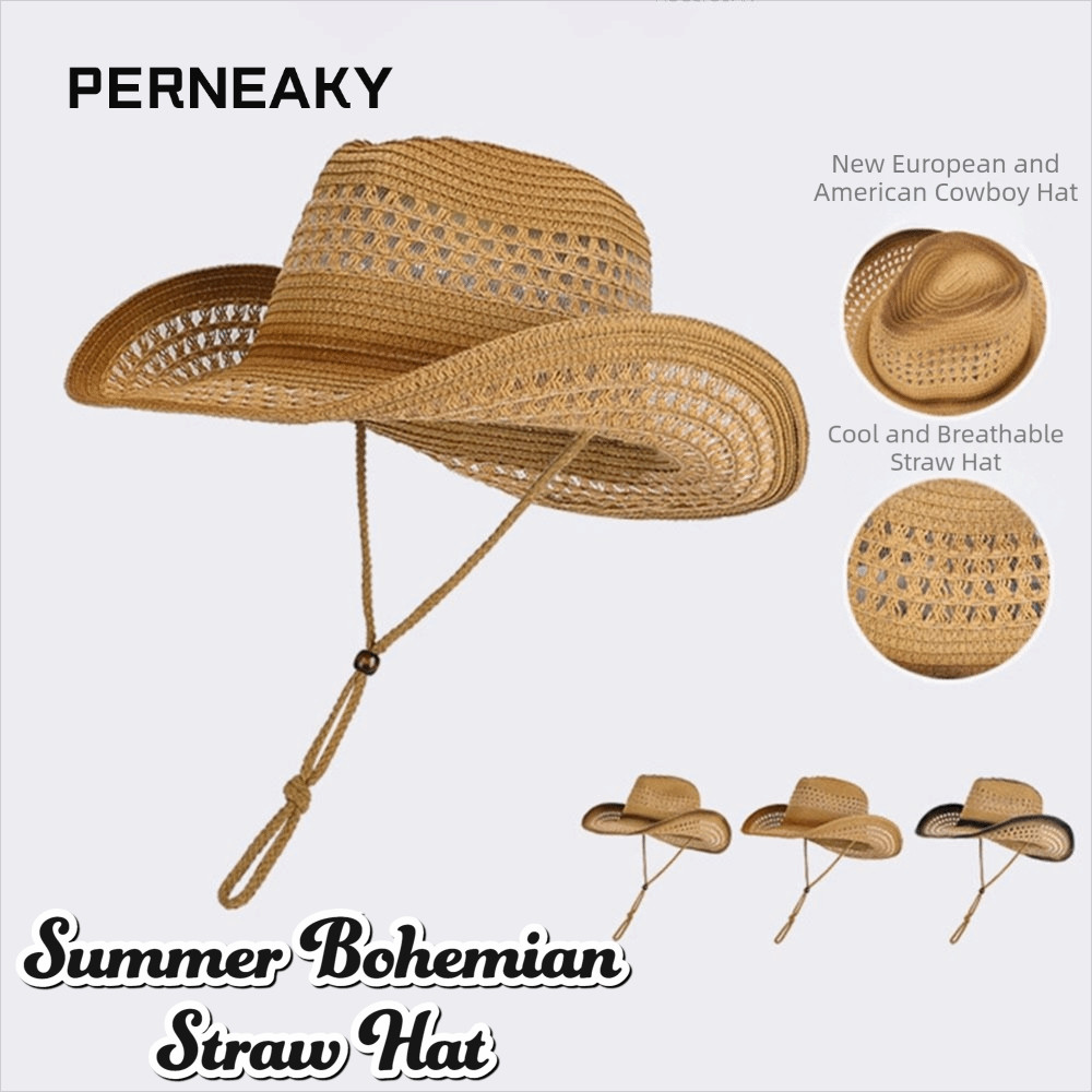 PERNEAKY หมวกชายหาด, หมวกฟางกันแดดกลวงออก, หมวกคาวบอยตะวันตกปีกกว้างย้อนยุค