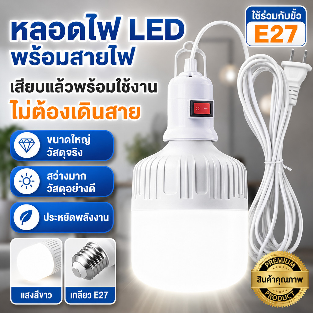หลอดไฟ LED พร้อมขั้วสายไฟยาว 5เมตร หลอดไฟกินไฟ 15W-125W ทรงกระบอก หลอดไฟตุ้ม เกลียว e27 แสงเดย์ไลท์ 
