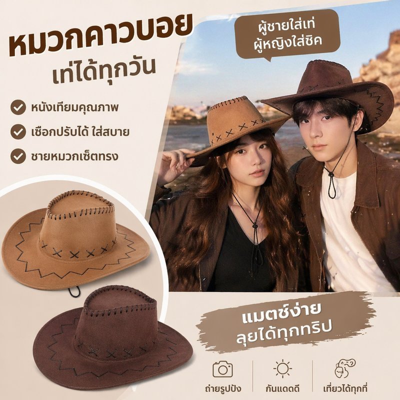หมวกคาวบอยตะวันตก หมวกหนังเทียม ปีกกว้าง กันแดด กันลม มีสายคล้องคอ สไตล์วินเทจ ชายหญิง