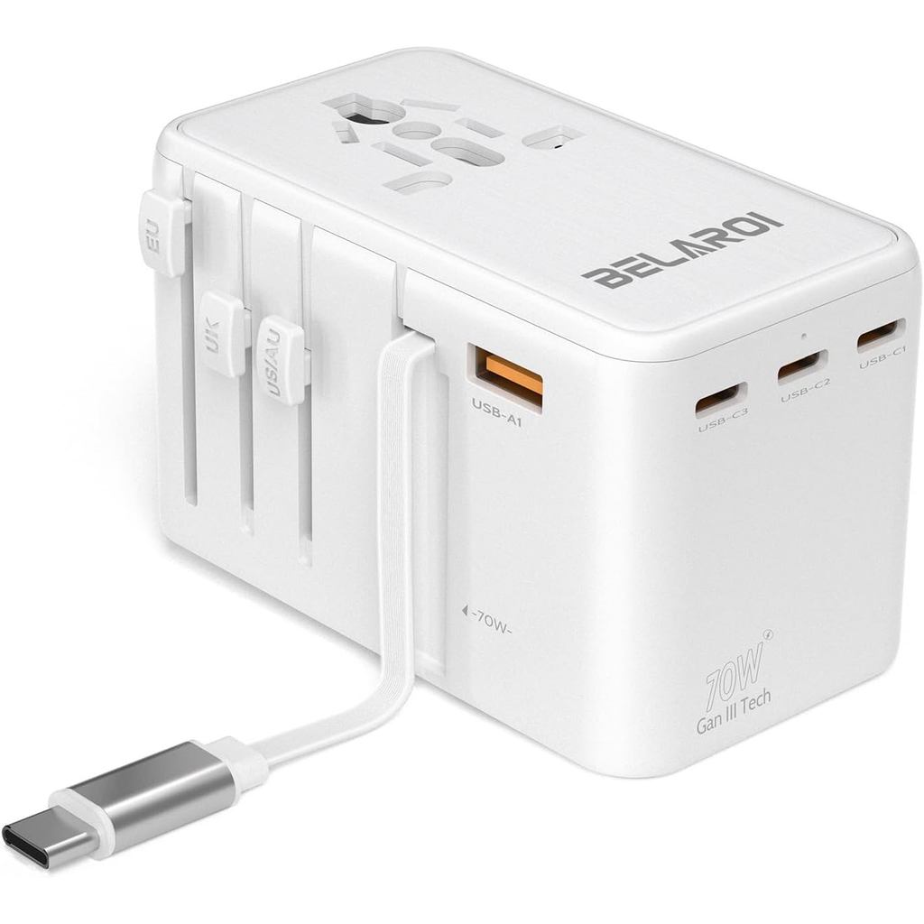Universal Travel Adapter, 70W GaN International Plug Adapter พร้อม 70W Retractable PD Fast Charge Ca