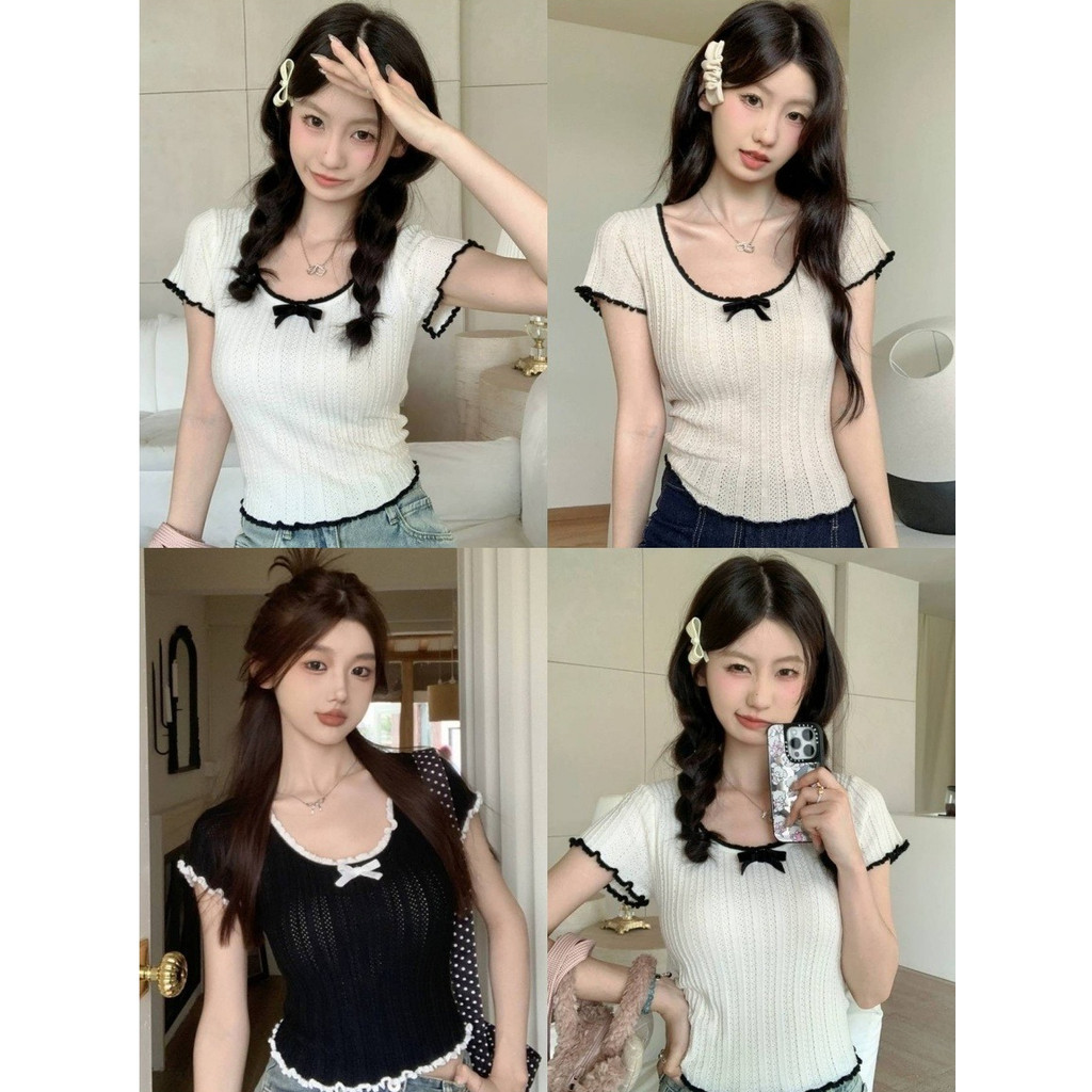 🎀Anne🎀เสื้อยืด ไหมพรม คอกลม แขนสั้น ประดับโบว์ ดีเทลขอบหยัก เสื้อครอป น่ารักๆ สไตล์ลำลอง ใส่สบาย