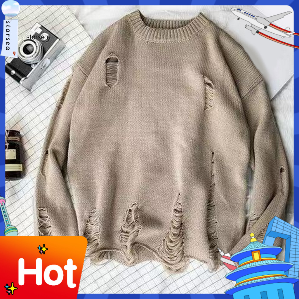 SRA ZK เสื้อกันหนาวแบบ loose fit สำหรับผู้ชาย ลายขาด pullover style นุ่มนวล อุ่นสบาย แขนยาวรอบคอบางใ