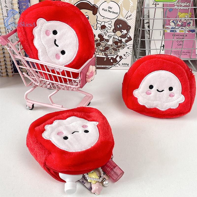 BL น่ารักการ์ตูน Red Octopus Plush กระเป๋าใส่เหรียญแบบพกพาซิปกระเป๋าสตางค์พวงกุญแจหูฟัง Key ID บัตรเ