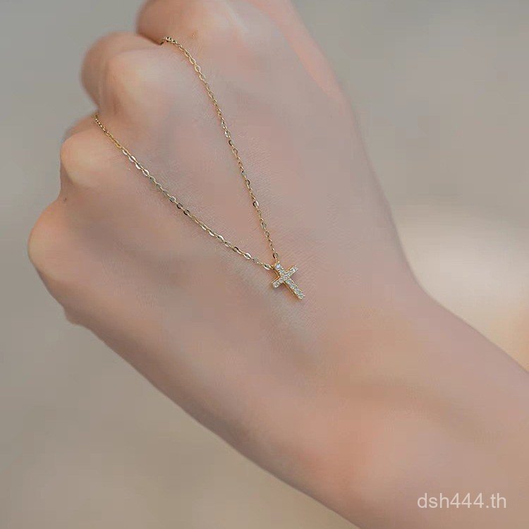 Simple 14K Gold Classy Niche ชุบออกแบบ Clavicle Chain Mini S925 ประณีตสร้อยคอเงินสเตอร์ลิง Cross DE8