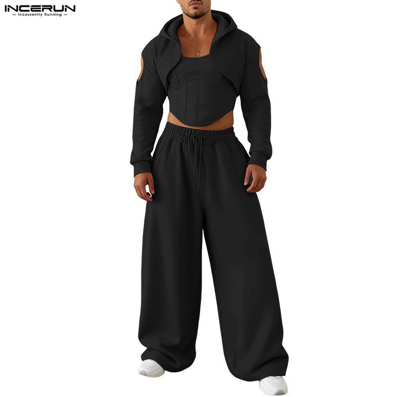 ไม่แน่นอน เสื้อกั๊กรัดรูปสําหรับผู้ชาย + คาร์ดิแกนมีฮู้ดครอป + ชุดกางเกงขากว้าง