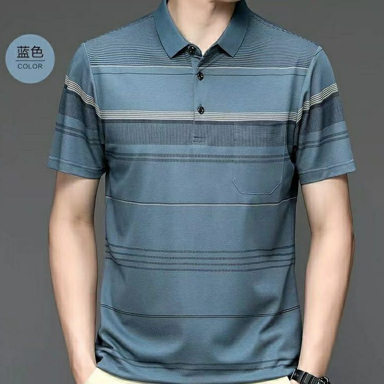 เสื้อยืดแขนสั้นเสื้อโปโลผ้าคอตตอนผ้าไหมน้ำแข็งเสื้อลายทางสำหรับคนวัยกลางคนและผู้สูงอายุ